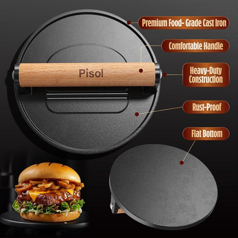 Pisol Smash Burger Press, Pre-Seasoned Cast Iron Hamburger Smasher, 2 lb Heavy-Duty Grill Bacon Meat Press Tool with Wood Handle, 6.6” - Image 5